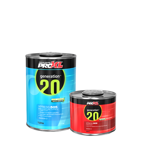 ProXL Generation 20 Xpress 505 automotive clear coat and hardener tins.