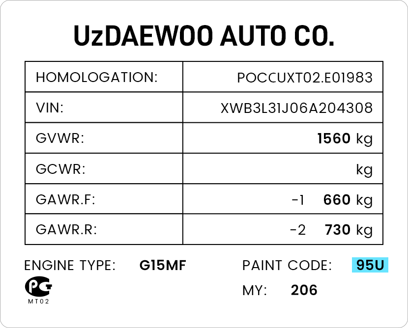 Daewoo Paint Code