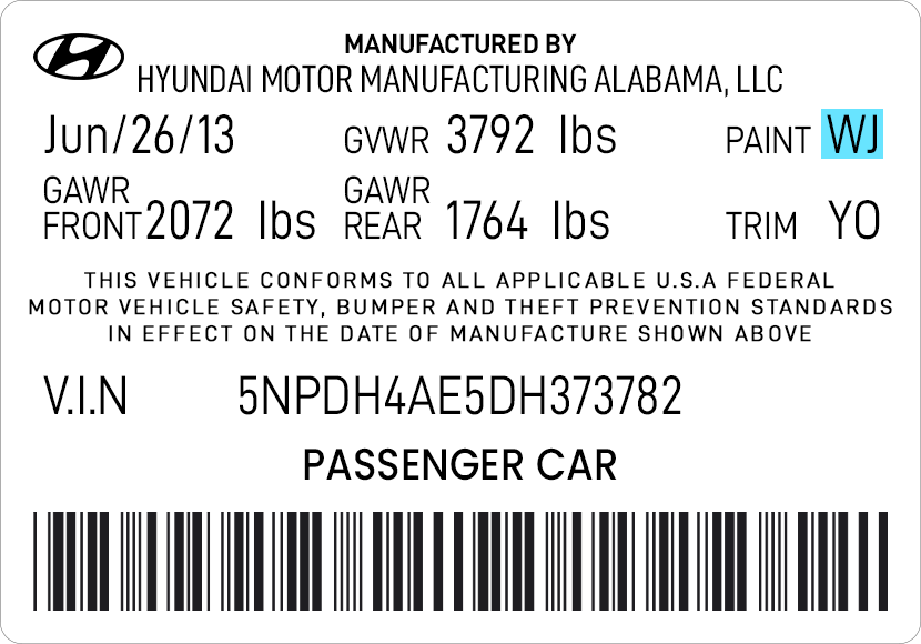 Hyundai Paint Code