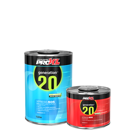 ProXL Generation 20 Xpress 505 automotive clear coat and hardener tins.