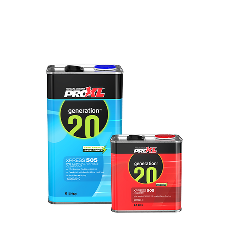 ProXL Generation 20 Xpress 505 automotive clear coat and hardener tins.