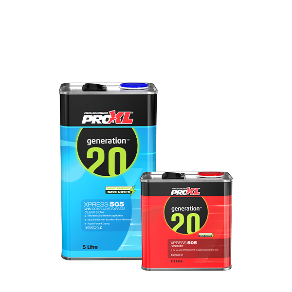 ProXL Generation 20 Xpress 505 automotive clear coat and hardener tins.