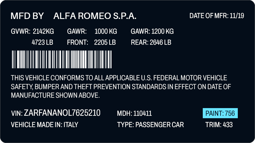 Alfa Romeo Paint Code